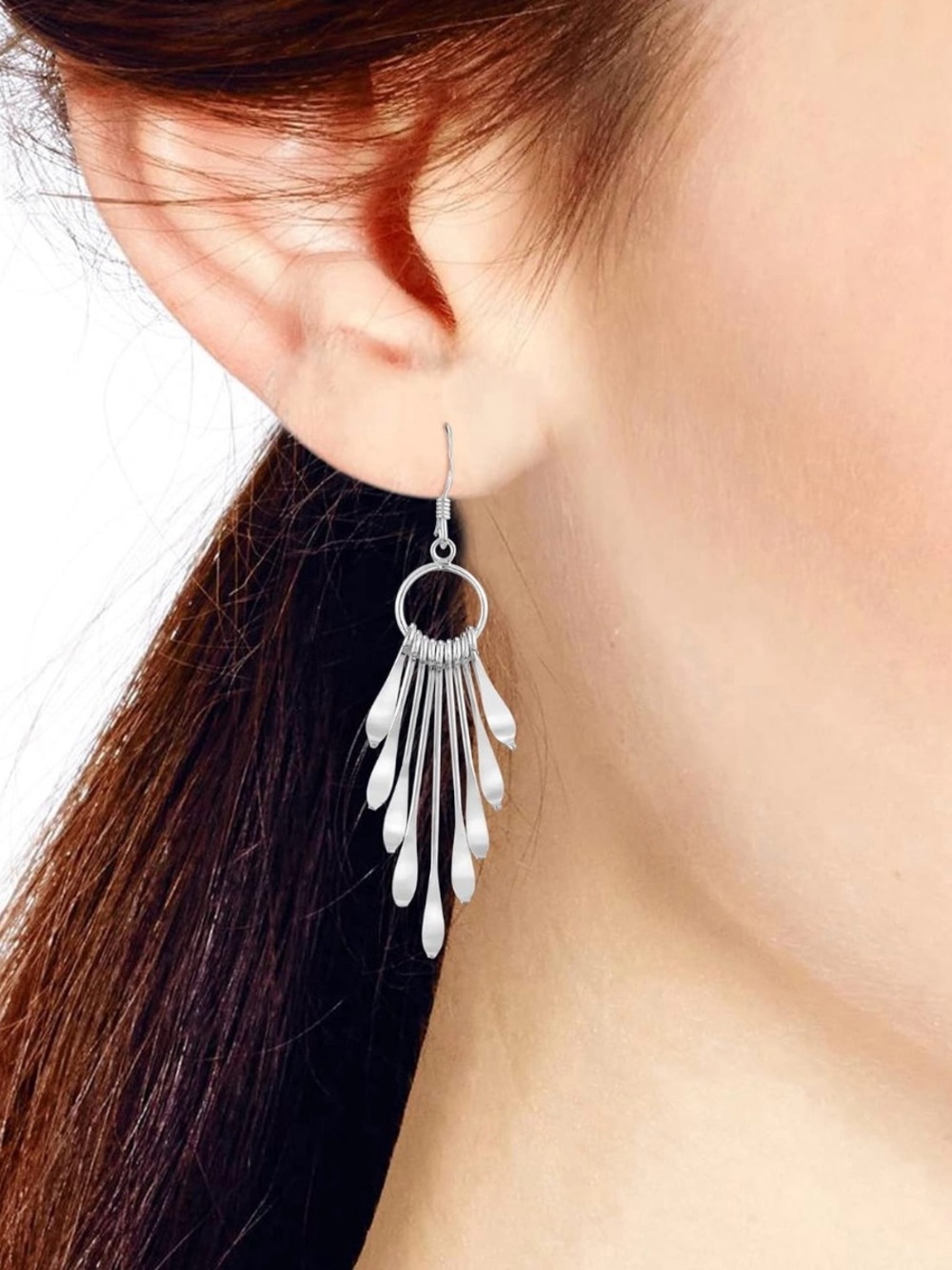 AeraVida Sterling Silver Silver Shimmering Fan Drop Earrings - Picture 2 of 4